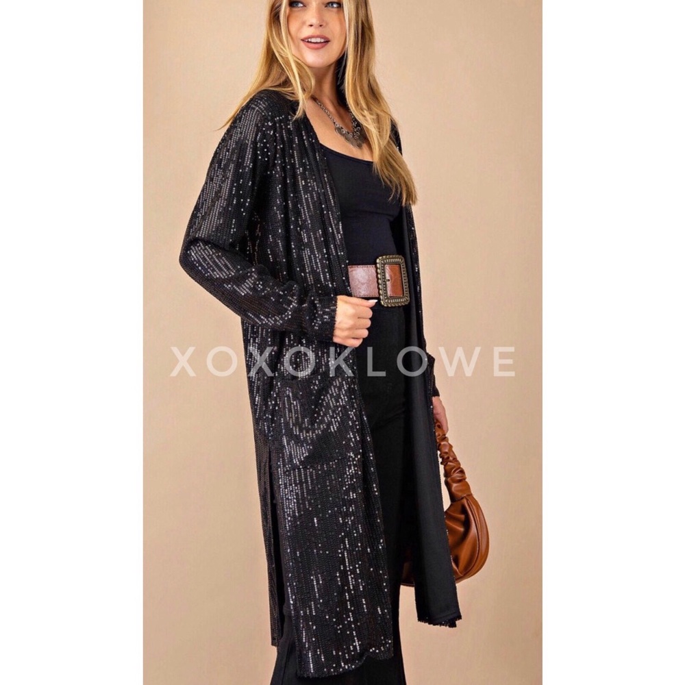 Black Sequin Open Front Duster Long Fully Lined - image 4